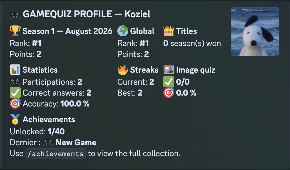Example GameQuiz player profile in Discord