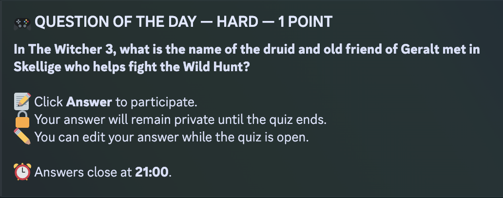 Example GameQuiz daily question in Discord