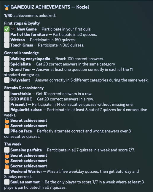 Example GameQuiz achievements collection in Discord